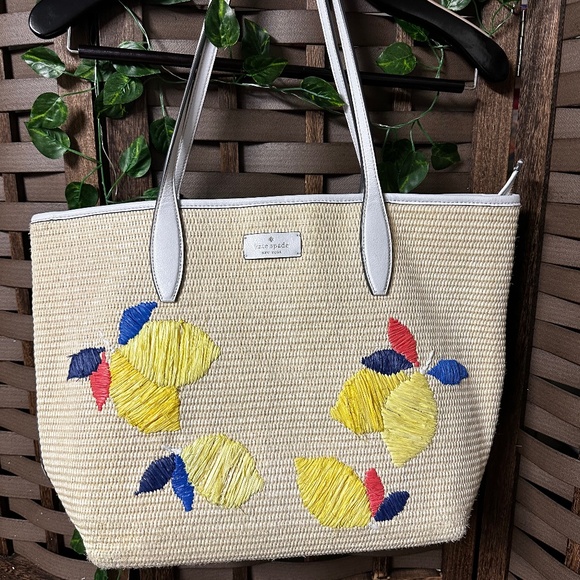 Kate Spade New York Straw And Leather  Tote Bag Lemons - Picture 1 of 16